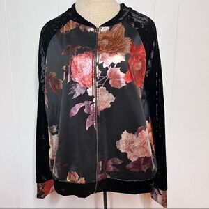 Eloges Track Jacket Womens Medium Black Crushed Velvet Metallic Floral Full Zip